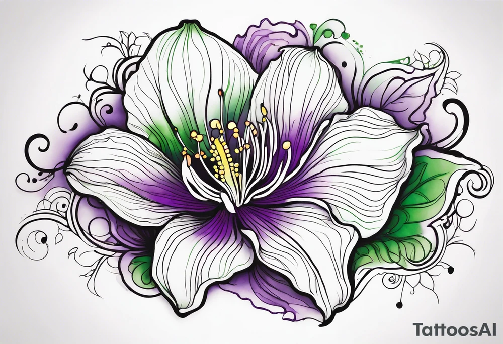 An outline of a rio dipladenia flower with a green and purple watercolor paint in the background tattoo idea