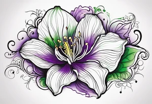 An outline of a rio dipladenia flower with a green and purple watercolor paint in the background tattoo idea