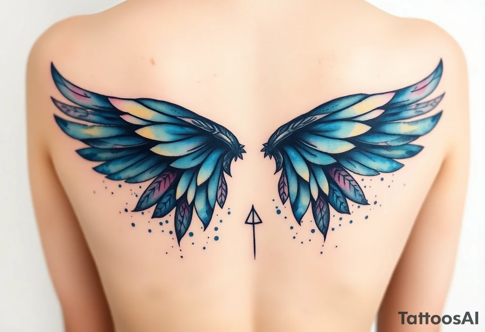 A minimalist wings tattoo that represents a shattered and betrayed gemini woman who fought hard throughout this year. With colors blue and black. Make it unique and rare. Without leaves and stem. tattoo idea