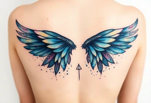 A minimalist wings tattoo that represents a shattered and betrayed gemini woman who fought hard throughout this year. With colors blue and black. Make it unique and rare. Without leaves and stem. tattoo idea