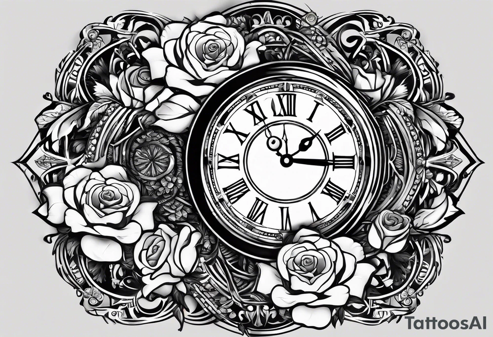 I want a design to print on t-shirts. The design is an hourglass with a wristwatch in the middle with Amazigh numbers, and this watch is surrounded by planets and Ashulk roses. tattoo idea