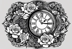 I want a design to print on t-shirts. The design is an hourglass with a wristwatch in the middle with Amazigh numbers, and this watch is surrounded by planets and Ashulk roses. tattoo idea