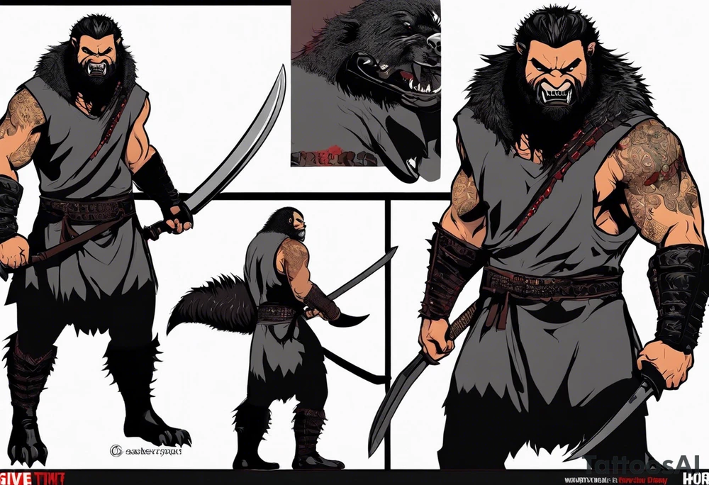 Draw me psychopath Fearless Honey Badger/Berserker with aggressive full body, killer face with a scary smile, very long nails and he attacks like a Bloody Assassin/Warrior/Gladiator to us and also, he has very deadly looking. He fights with his nails only. Everybody scares after their first sight. Give me horror type Badger Tattoo. I want to see his Realistic full body with no weapons. You can show destruction at the back. tattoo idea