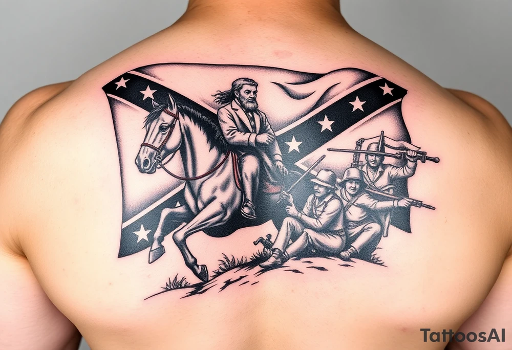 Confederate flag with a portrait of stonewall Jackson on a horse add in a battle scene with confederate soldiers winning & Jefferson Davis on one side add in shading and color tattoo idea