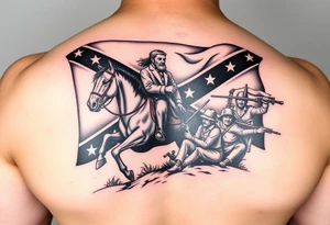 Confederate flag with a portrait of stonewall Jackson on a horse add in a battle scene with confederate soldiers winning & Jefferson Davis on one side add in shading and color tattoo idea