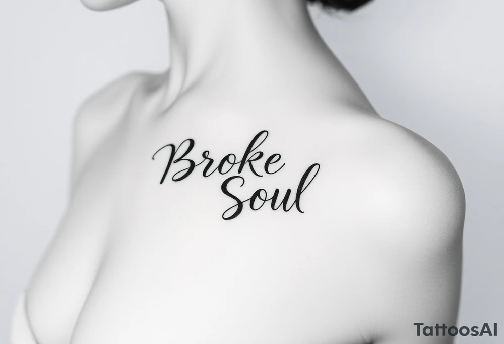 Broken Soul in calligraphy handwriting writing on the side of breast for a woman tattoo idea