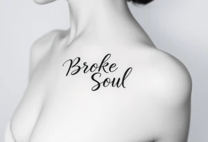 Broken Soul in calligraphy handwriting writing on the side of breast for a woman tattoo idea