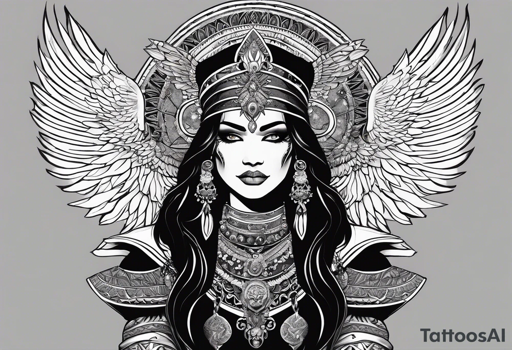 black kali, goddess pirate, alien, pachamama, valkrye, warrior, skull, lotus azul, wing, eagle, zenza resonance, stars, 5D tattoo idea