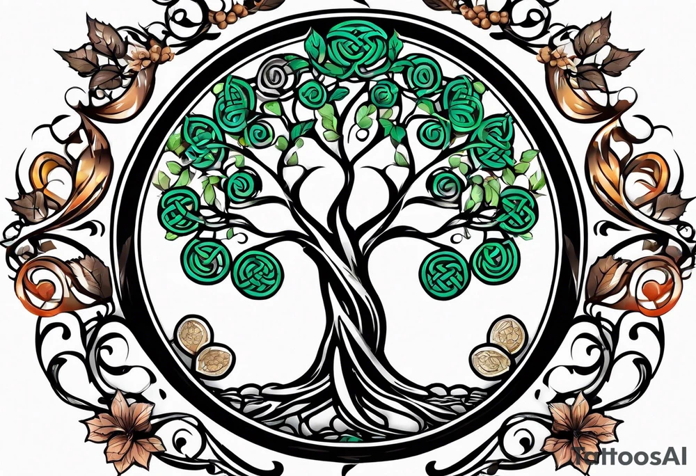 enso ring, celtic tree and acorn symbols tattoo idea