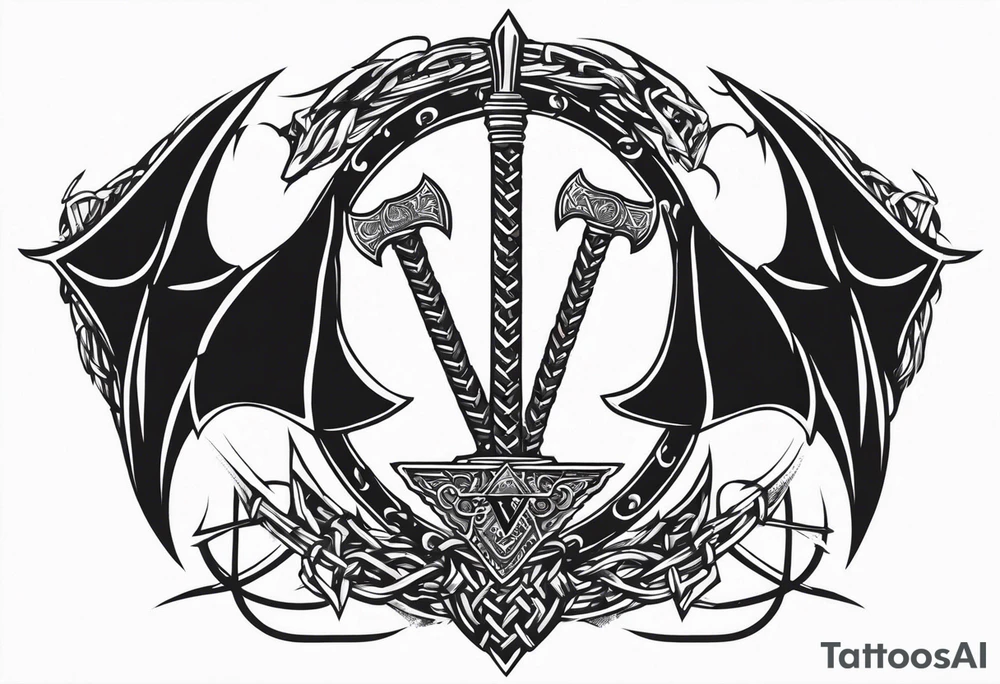 Valhalla sword shield dragon axe Valknut barbed wire chains tattoo idea Valhalla sword shield dragon axe Valknut barbed wire chains tattoo idea