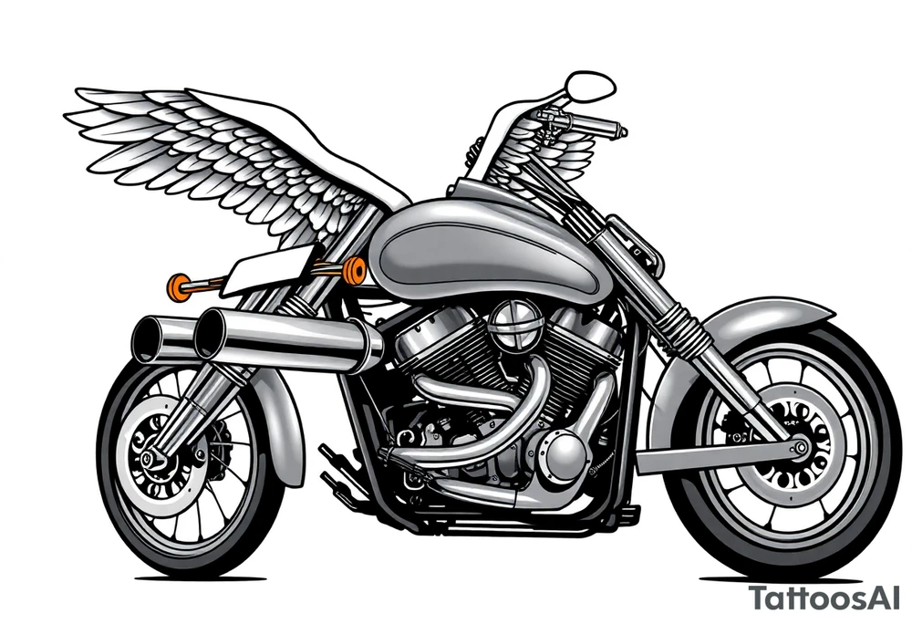 Low rider grey motorcycle, big muffler pipes with flames, angel wings, driving away, no person tattoo idea
