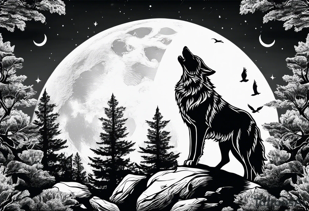A wolf howling at the full moon on top of a rock surrounded by trees tattoo idea