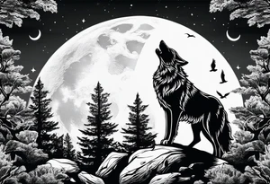 A wolf howling at the full moon on top of a rock surrounded by trees tattoo idea
