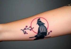 noble samurai warrior silhouette at sunset with cherry blossoms tattoo idea