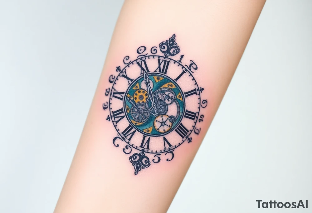 vintage roman numerals within ornate clockwork mechanism tattoo idea
