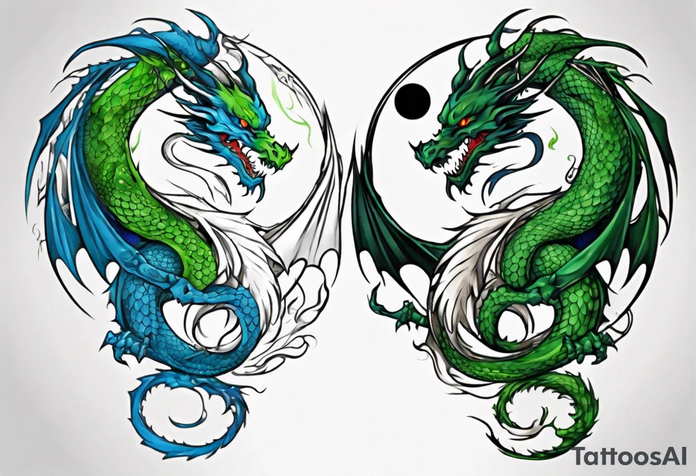 ying yang dragon half blue half green tattoo idea