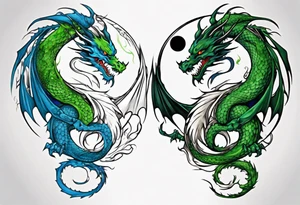 ying yang dragon half blue half green tattoo idea