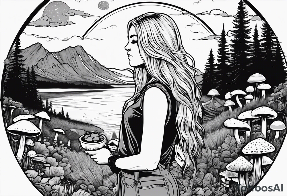 Whole picture encircled fully

Straight long blonde hair hippie girl in distance holding mushrooms in hand facing away toward mountains and creek surrounded by mushrooms long sleeve shirt and hiking pants; whole rendering within a full circle, no cut off circle tattoo idea
