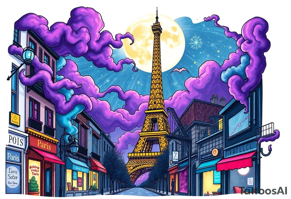 Tim Burton’s paris streets with effel tower from outside view is the street is littered with neon signs purple and cyan smokey clouds swirl and dance in the moonlit night sky filled with twinkling stars  tattoo idea tattoo idea