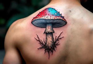 Red and Cyan 3D drawing of a mushroom tattoo idea