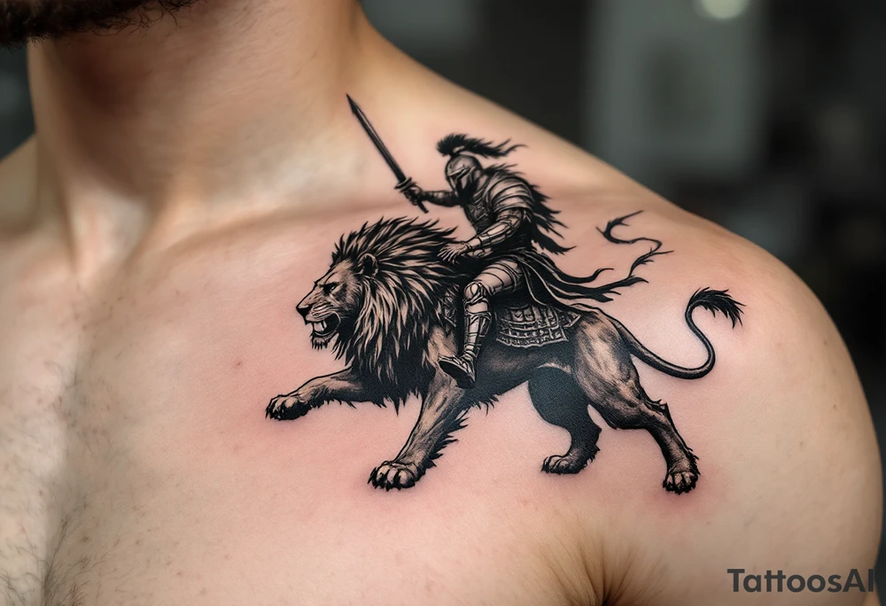 warrior riding on top of lion into battle tattoo idea