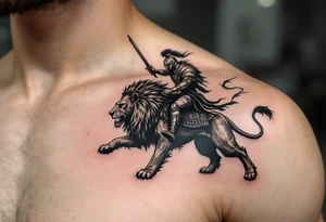 warrior riding on top of lion into battle tattoo idea