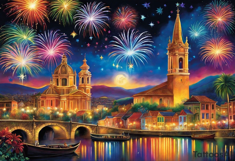 Fireworks burst across the night sky, surrounded by glowing candles and stars, capturing the magic and nostalgia of Colombian December nights. The scene is vibrant with multi-colored lights and an air of celebration. Soft linework mist or halos around the fireworks adds a magical, dreamy quality to the scene. The tattoo reflects joy and tradition, with an emphasis on warmth and festivity. tattoo idea