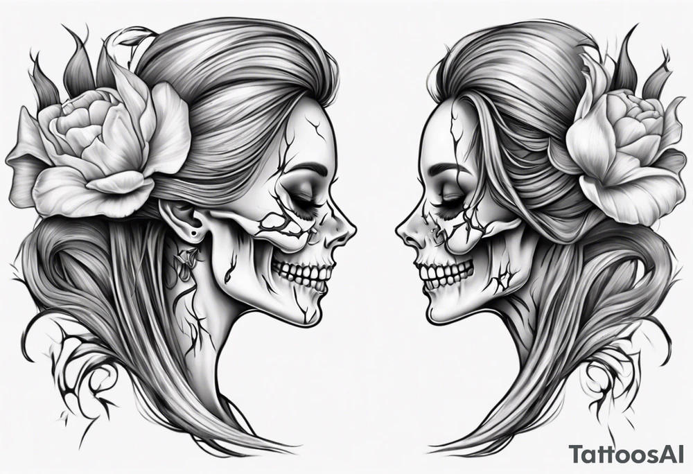 sideview of smiling female skull with long hair, one decayed tulip, one perfect tulip and one tulip bud tattoo idea