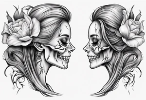 sideview of smiling female skull with long hair, one decayed tulip, one perfect tulip and one tulip bud tattoo idea