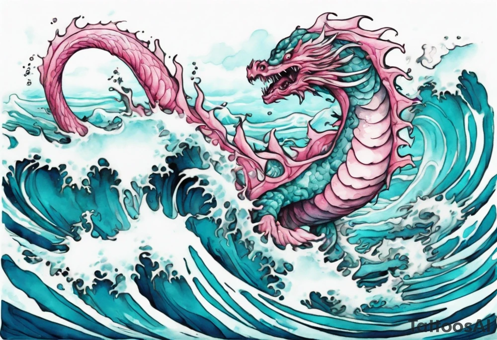 a beautiful turquoise and white and pink sea monster rising from the blue waves of the ocean tattoo idea