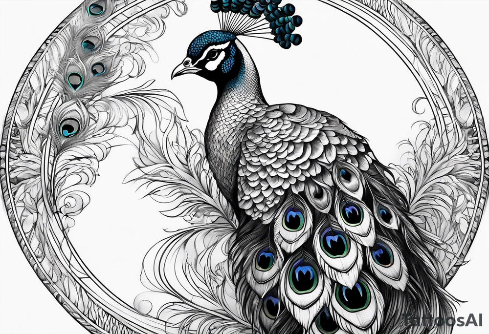pen intertwined with peacock feather tattoo idea