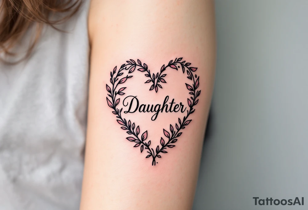 A delicate black and pink line-art heart with the word “Daughter” written in elegant cursive across the center. tattoo idea