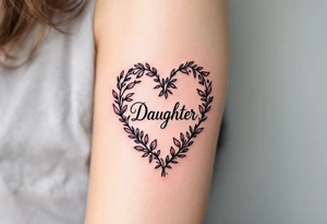 A delicate black and pink line-art heart with the word “Daughter” written in elegant cursive across the center. tattoo idea