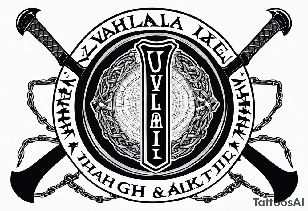 Valhalla round shield axe barbed wire chains tattoo idea
