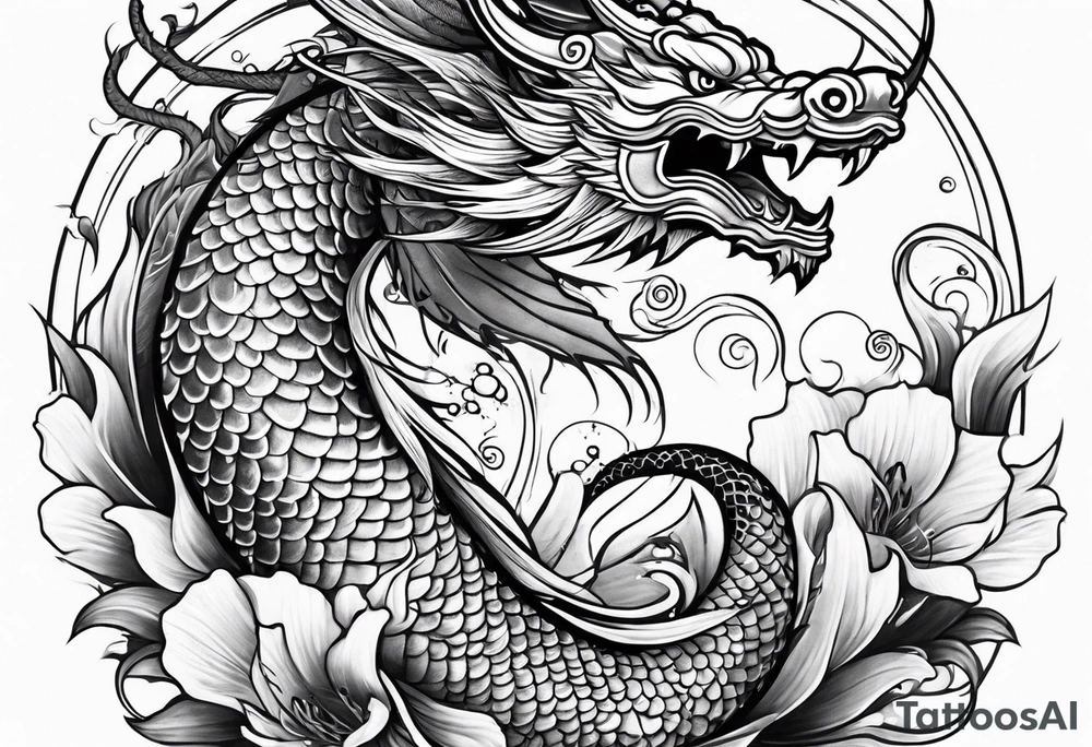 Tattoo representing strength and overcoming obstacles, featuring dragon and koi fish tattoo idea
