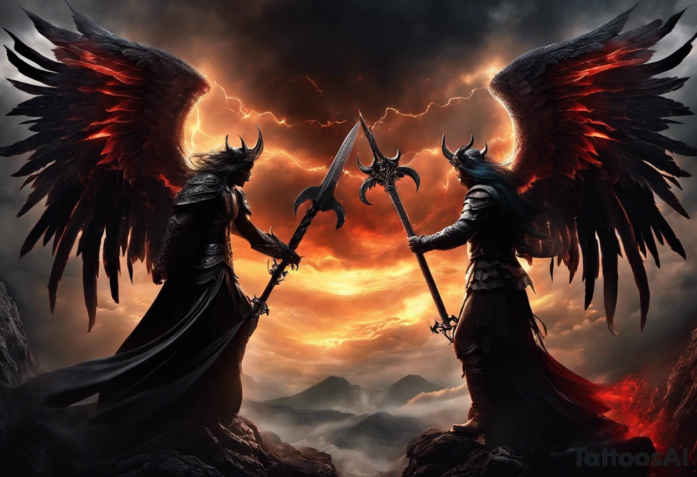 2. **Angel and Demon**: Create a scene where an angel and a demon are locked in a fierce battle, with their forms gradually fading into one another as they clash. This design could symbolize the constant struggle between virtue and temptation within oneself.

3. **Demonic Wings and Halo**: Combine elements of darkness and light by depicting demonic wings on one side and a halo on the other, both fading into shadowy tendrils that extend across your skin. This design could represent the internal conflict between sinful desires and divine guidance.

4. **Tree of Life and Tree of Death**: Create a split composition featuring the Tree of Life on one side, teeming with vibrant foliage and lush growth, and the Tree of Death on the other, twisted and gnarled with dark, ominous roots. The two trees could gradually fade into one another, symbolizing the interconnectedness of life and death.

5. **Duality Masks**: Design two theatrical masks—one representing a serene, angelic visage and the other a sinister, demonic expression—connected by swirling tendrils of fading black-and-white ink. This tattoo could symbolize the masks we wear to conceal our inner struggles and the blurred line between good intentions and malevolent impulses. tattoo idea