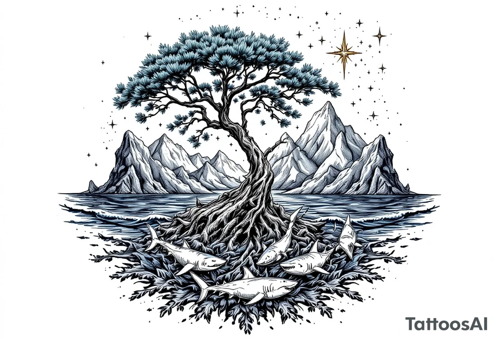 tattoo that has an acacia tree with mountains, ocean with a ship wreck with sharks and the northern star tattoo idea