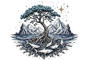 tattoo that has an acacia tree with mountains, ocean with a ship wreck with sharks and the northern star tattoo idea