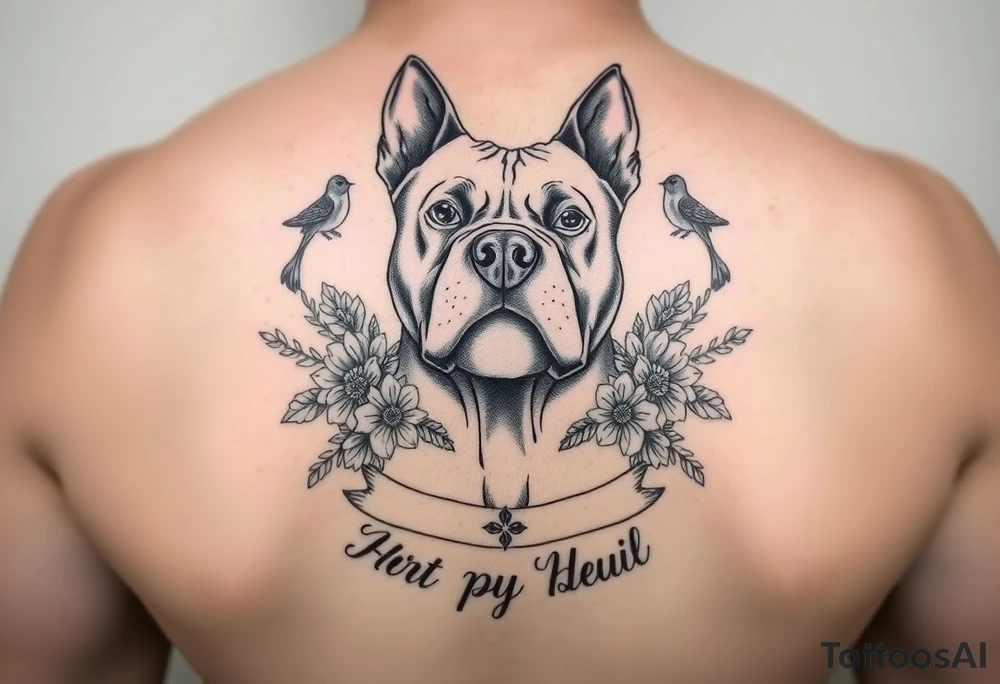 Memorial pit bull, surrounded by floral ornaments and birds and words tattoo idea