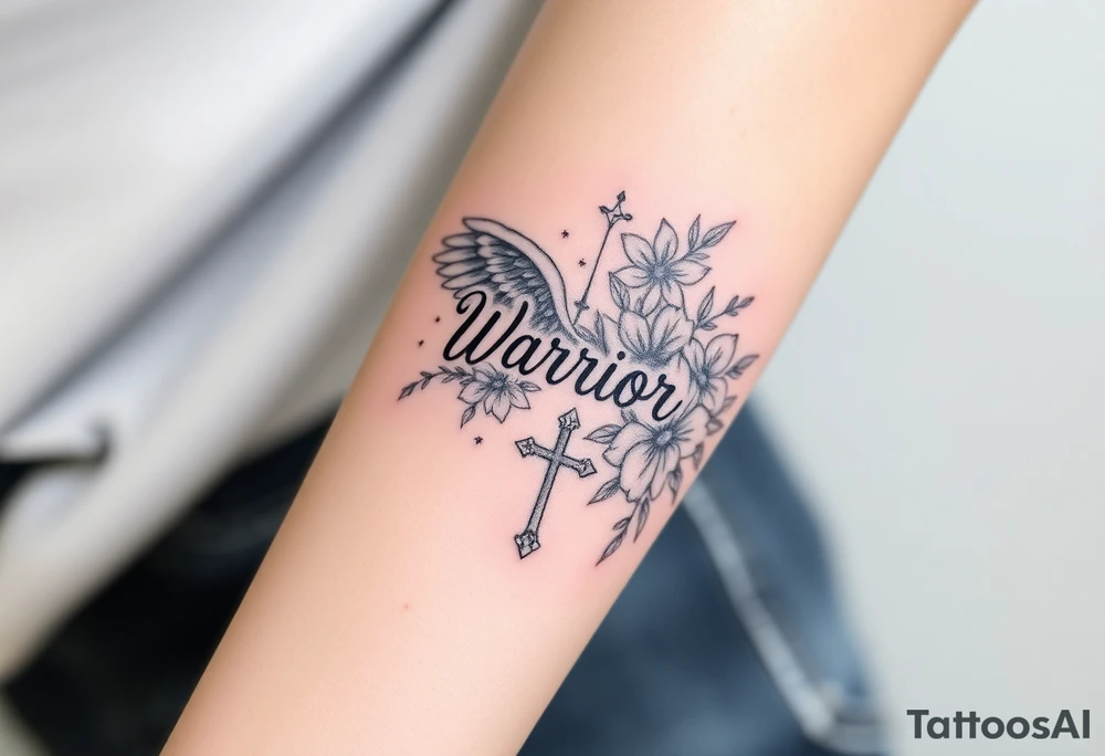 angel wing with word "Warrior" surrounded with flowers and cross tattoo idea