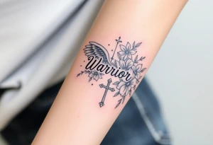 angel wing with word "Warrior" surrounded with flowers and cross tattoo idea