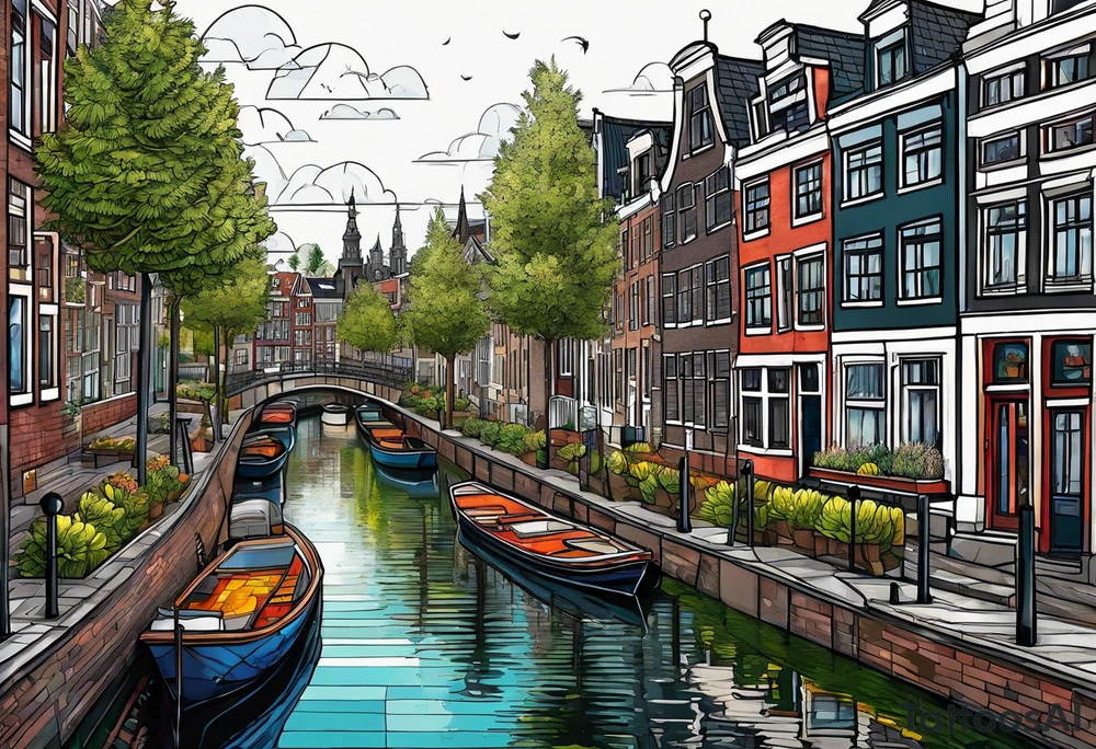 animals and pineapples feauturing Amsterdam houses and canal with marijuana tattoo idea