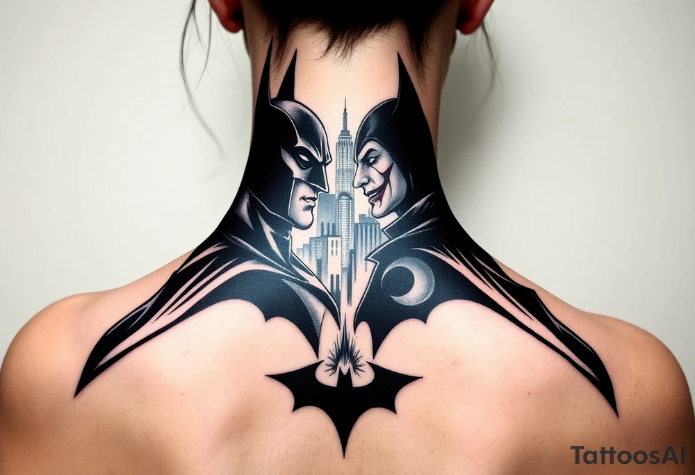 Batman facing off with the joker in Gotham city with bat signal shinning tattoo idea