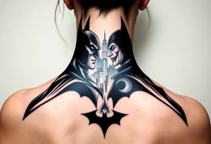 Batman facing off with the joker in Gotham city with bat signal shinning tattoo idea