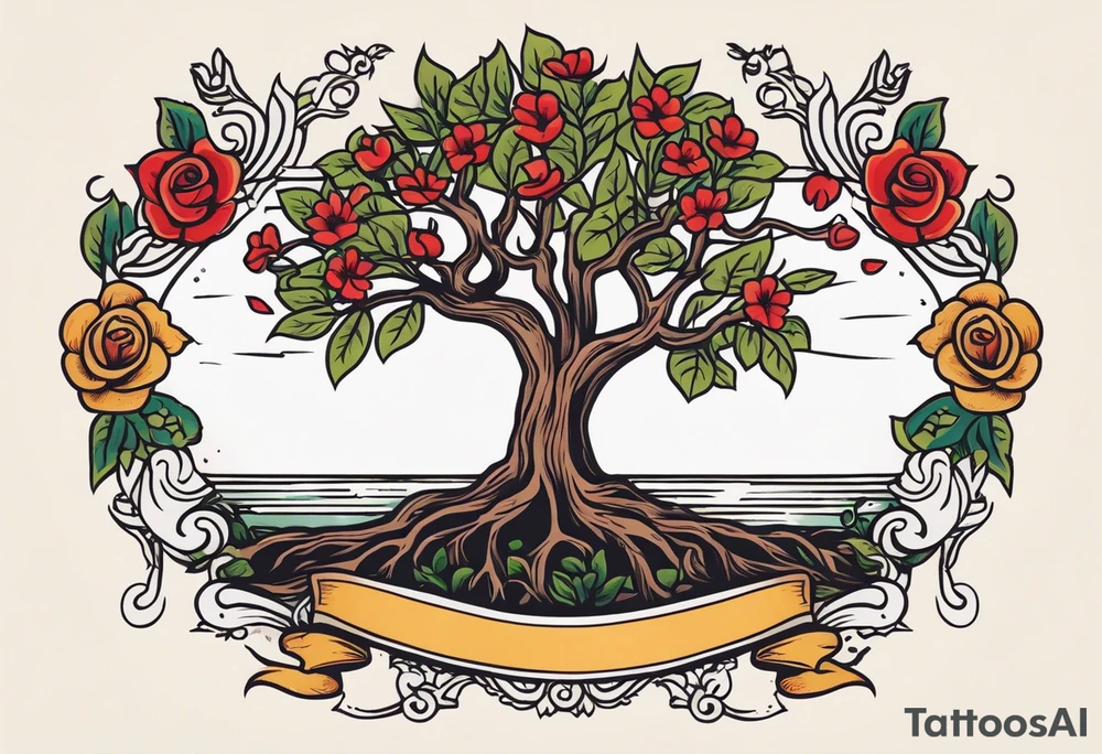 tree with roots 
and banner across

old school vintage simple traditional design with vintage flowers surrounding
bold color simple tattoo idea