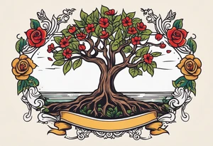 tree with roots 
and banner across

old school vintage simple traditional design with vintage flowers surrounding
bold color simple tattoo idea