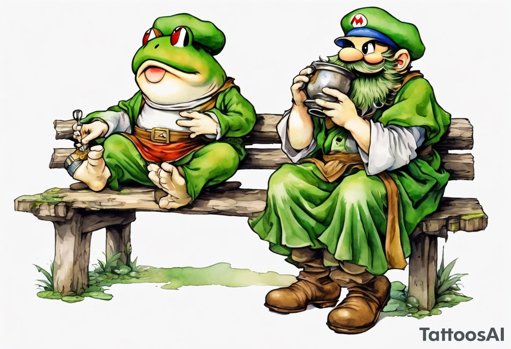 Toad from Super Mario Bros. with a long moss beard wearing a medieval tunic drinking from a wood cup, sitting on a bench laughing tattoo idea