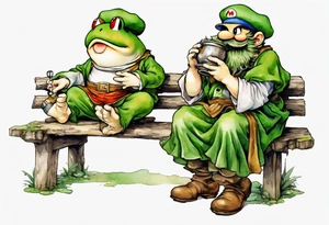 Toad from Super Mario Bros. with a long moss beard wearing a medieval tunic drinking from a wood cup, sitting on a bench laughing tattoo idea