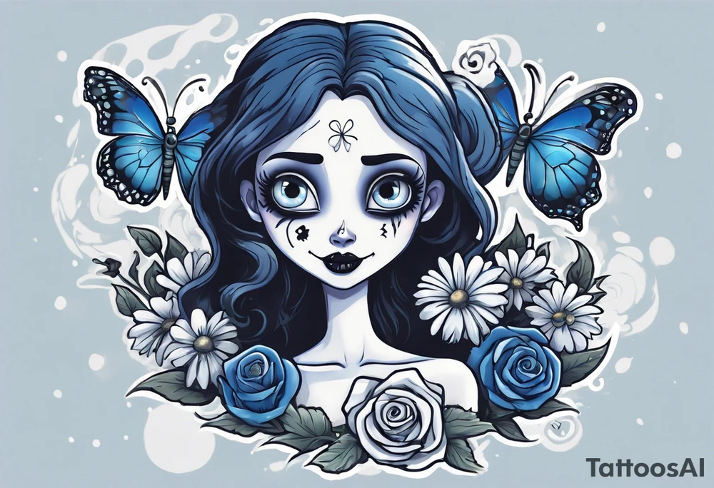corpse bride Emily holding a bouquet of flowers. one white daisy in the bouquet. one blue butterfly. A full moon on the background. full grown tattoo idea