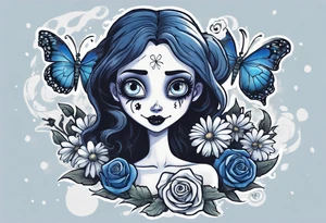 corpse bride Emily holding a bouquet of flowers. one white daisy in the bouquet. one blue butterfly. A full moon on the background. full grown tattoo idea